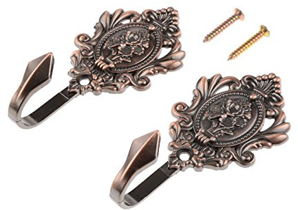 Hicello 2Pcs Wall Hooks Red Copper Rose Pattern Carved Vintage Drapery Clothes Key Hook Bathroom Bedroom Multi-Function Decorative Hook with Screws