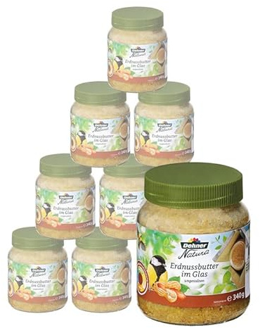 Dehner Natura Premium Wildvogelfutter, Erdnussbutter im Glas, Ganzjahresfutter energiereich / ungesalzen, hochwertiges Vogelfutter für Wildvögel, 8 x 340 g (2.72 kg) | Premium Ganzjahresfutter energiereich / ungesalzen, hochwertiges Vogelfutter für Wildvögel