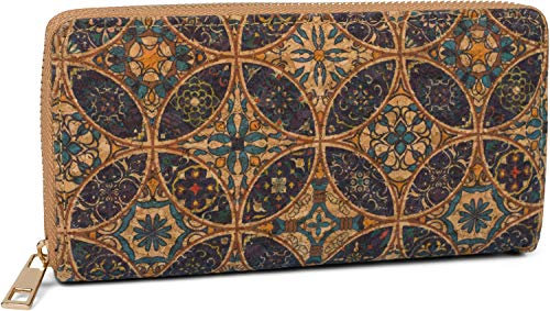 styleBREAKER Damen Geldbörse aus Kork mit Buntem Muster Print im Ethno Look, Reißverschluss, Portemonnaie 02040138, Farbe:Violett-Petrol-Beige