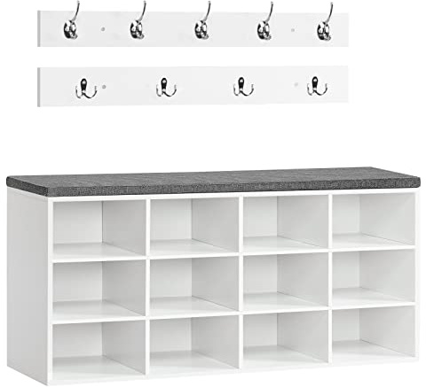 HOOBRO Shoe Storage Bench with Cushion, 39.4 L Entryway Bench with 12 Cubbies, Entryway Hall Tree with Storage, Cubby Shoe Rack Bench with Coat Rack for Hallway, Holds up to 330 lb, White WT112HX01