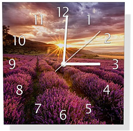 Wallario Design Wanduhr Lavendelfeld bei Sonnenuntergang - Sonnenstrahlen aus Aluverbund, Alu-Uhr Größe 30 x 30 cm, weiße Zeiger mit Metalloptik
