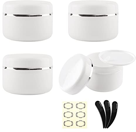 Alledomain 4pcs 150ml/150g White Cosmetic Sample Jars with 3Pcs Mini Spatulas & 6 Labels, Plastic Refillable Travel Pot Containers with Silver Dome Lids & Inner Liners for Makeup Creams Beauty Nails