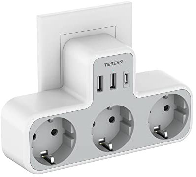TESSAN Ladron Enchufes Plano con USB C, 6 en 1 Ladrón Enchufes Multiples USB, Triple Cargador Multiple 3600W, Regleta Pared para Oficina, Cocina, Compatible con Móviles, Blanco y Gris