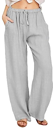 WINKEEY Pantalones Casual Mujer Cordón Cintura Alta Pierna Ancha Suelta Pantalones Palazzo de Lino de Algodón con Bolsill (Gris,M)