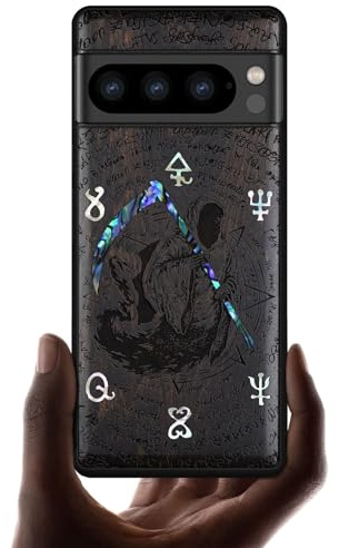 Carveit Designer Wooden Case for Google Pixel 8 Pro Case Cover [Wood Engraving & Shell Inlay] Compatible with Wireless Chargers Pixel 8 Pro Case (Grim Reaper-Blackwood)