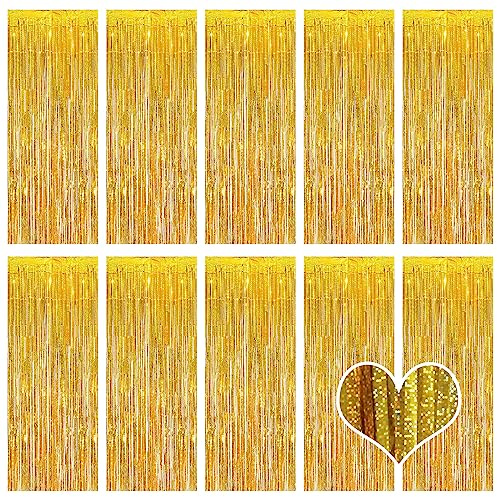 10 Stück Golden Lametta Vorhänge 1 x 2.5M Tinsel Curtain Folien Fransen Metallic Lametta Vorhange Golden für Geburtstag Partydekor Verlobung Hochzeit Weihnachten Neujahr Dekoration (Laser Golden)
