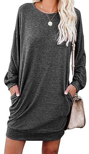PrinStory Women Jumper Dress Long Sleeve Winter Mini Dresses Casual Loose Knitted Pullover Sweater Tunic Tops Basic Dress With Side Pockets