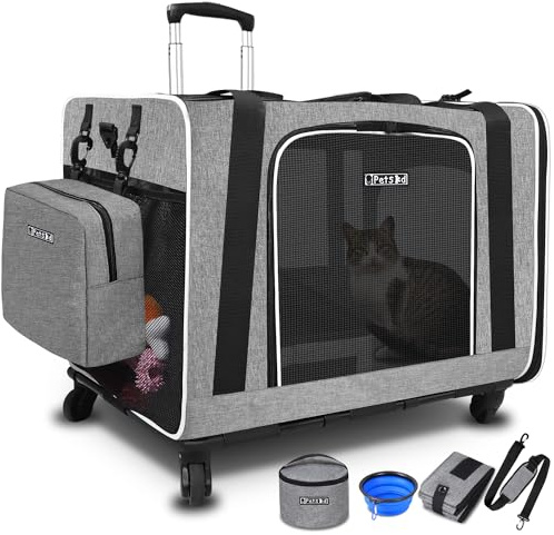 Petskd Transportbox mit Rollen/Katzentoilette, für große Katze/zwei kleine Katzen, faltbare weiche Transporttasche für Autoreisen mit abschließbaren Sicherheitsreißverschlüssen, 61 x 43 x 43 cm, Grau