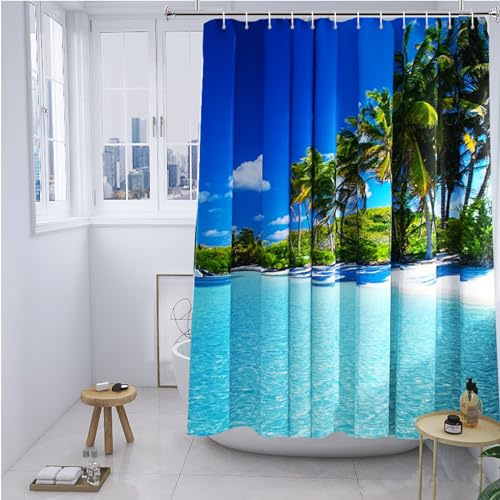 YISURE Duschdraperi, hav, strand, hav, palmer, textil, mögelresistent, maskintvättbar, 12 metallöljetter, bredd 200 x höjd 220 cm
