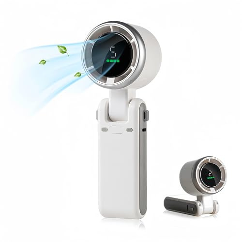 Fay Bless Ventilador de mano plegable, mini ventilador turbo de 5000 mAh, ventilador personal de bolsillo pequeño ajustable de 5 velocidades, tipo C, pantalla digital (blanco)