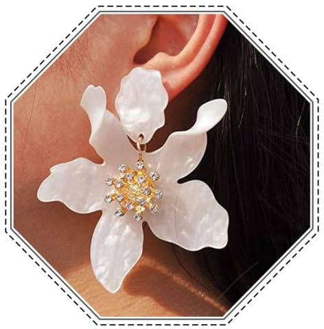 Jovono Boho Blume Ohrringe Groß Weiß Blumen Ohrstecker Gold Sommer Braut Ohrhänger für Frauen, /