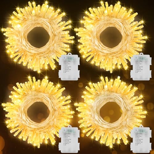 4 Stück Lichterkette Batterie Weihnachten mit Timer Transparentes Kabel | 7M 70LEDs Lichterketten, 8 Modi Wasserdicht Lichterkette für Weihnachten Garten Balkon Hochzeit (Warmweiß)
