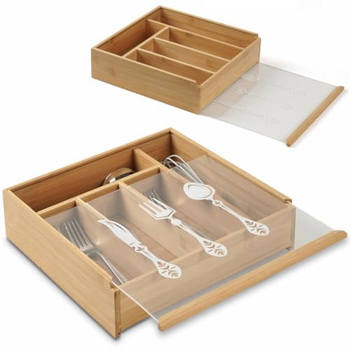 WPAJIRZO Besteckkasten mit Deckel - 5 Fächer Holzbox mit Slide-Deckel für Besteck, Utensilien & Küchenzubehör, ideal für Küche, Camping & Grillparty