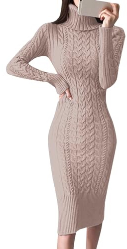 Damen Strickkleid, A-Linien Knielang Enges Sexy Zopfmuster Kleid Pullover Minikleid Langarm Einfarbige Casual Winterkleid Strickkleid Damen Lang Strickkleid Damen Lang