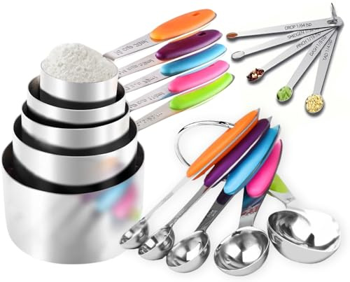 Stainless Steel Measuring Set - 5 Cups, 5 Spoons, 5 Tiny Spoons - Nesting Metal Set with Colored Silicone Handles for Cooking & Baking