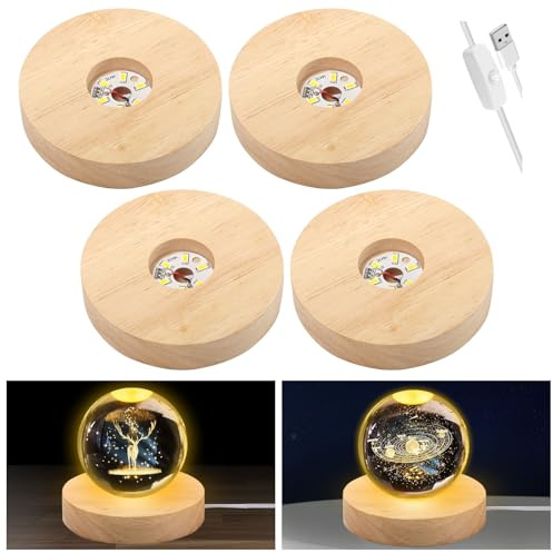 4 Stück LED Holzsockel Rund 10cm, Holz LED Lichtsockel für Acrylglas, Kristallkugel Ständer mit Warmes Licht, USB Leuchtbasis Display Basis DIY Holz Leuchtsockel für Kristallkugel Glas Acryl Schmuck