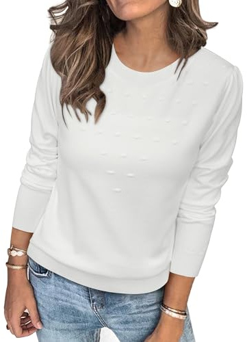 Arach&Cloz Damen Pullover Herbst Winter Langarm Strickpullover Weiß Rundhals Casual Tops Stricken Shirt Blusen(Weiß, M)