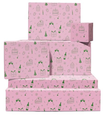 Rosa och grönt omslagspapper för kvinnor – 6 ark presentpapper för henne – födelsedagsklidningar – Vänner omslagspapper för – levereras med klistermärken – återvinningsbar – av Central 23