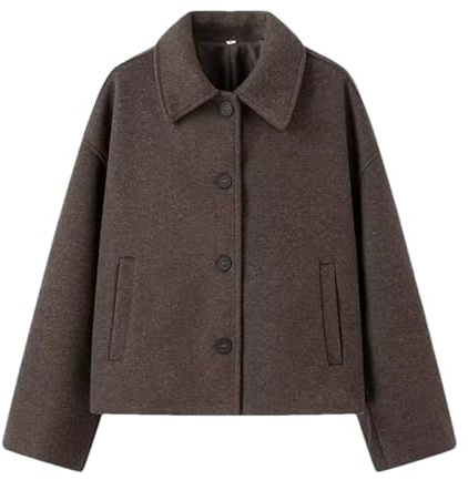 Hndudnff Damen einfarbiger Joker Kurzer Revers Einreihiger Casual Wollmantel, braun, M