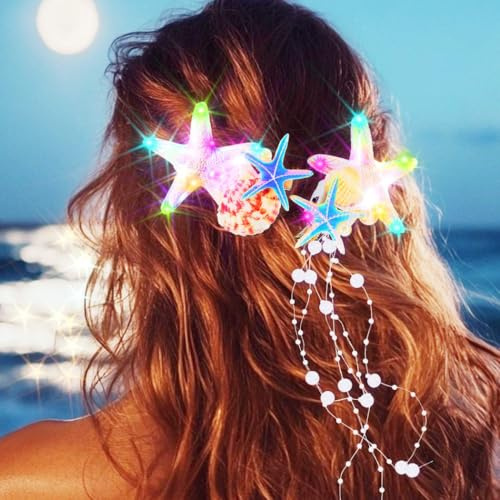 Handcess Leuchtender Seestern-Haarclip LED Weiße Muschel Haarspangen Glühende Meerjungfrau Haarschmuck Perlen Brauthaarschmuck für Damen