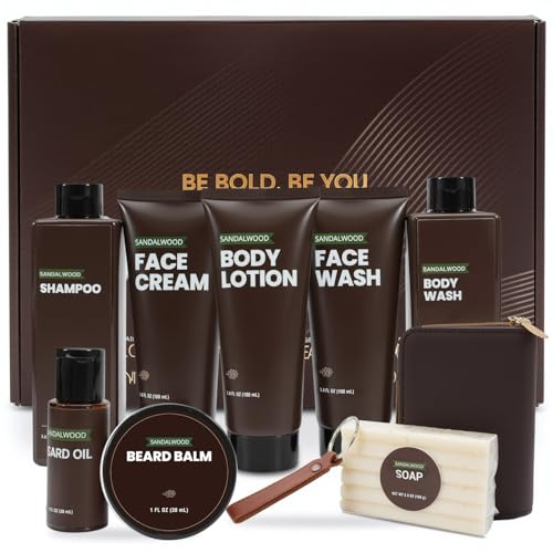 Gifts for Men Bath Sets 10PCS Santal Grooming Kit Mens Gift Set For Toiletries Wash Beard Oil,Balm，Business Card Case Unique Birthday Gifts for Him Father's Day Christmas Gifts Valentine's Day for Him