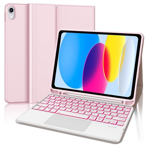FOGARI Teclado con Touchpad para iPad 11 Generación A16 2025/10 Generación 10.9 2022, Funda con Español Ñ Teclado Retroiluminado con Trackpad para iPad A16 11/10 Generacion, Rosa