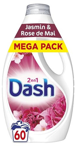 Dash 2en1 Lessive Liquide Jasmin et Rose de Mai, 60 Lavages, 3 Semaines de Fraîcheur, Avec Lenor, Notes Florales et Baies Rouges, Nettoyage en Profondeur, Fabriquée en France