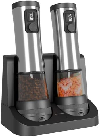 MINENICE Juego de molinillos eléctricos de sal y pimienta, molinillo automático de sal y pimienta de acero inoxidable con grosor ajustable, diseño con indicador luminoso de carga, gran capacidad de
