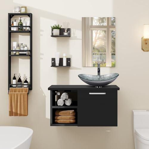 YU YUSING Ensemble de Meubles de Salle de Bain avec Lavabo Miroir et Porte-Serviette, 3 Étagères Murale, Armoire Meuble de Rangement, Vasque à Poser, Ensemble de Robinets (Argenté)
