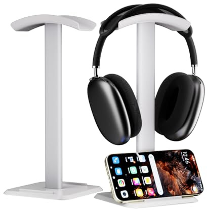 NQQNQQ 【1PACK 2 en 1 Support pour casque et support de téléphone – Cintre en aluminium, appuie-tête en plastique, compatible avec AirPods Max, Bose, Beats et plus encore. TE-S (blanc)
