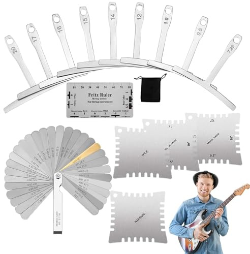 Tuxxjzm Regla de acción de guitarra, medidor de sensación con herramientas de configuración de guitarra de escala transparente, kit de configuración de luthier medidor de radio de metal para tuerca de