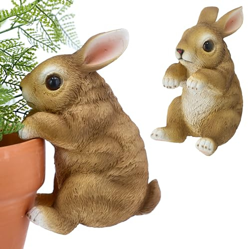 Cepewa Kletterhase | Polyresin 11x16x8,5cm Hellbraun weiß | Dekohase für Blumentopfdeko | Gartenfigur Topfhänger Osterdekoration
