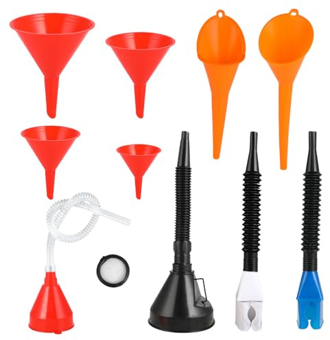 Lot de 10 entonnoirs de plastiques à long bec entonnoir carburant flexible à angle droit entonnoir huile moteur avec filtre et bec amovible adapté et remplissage de liquide de refroidissement