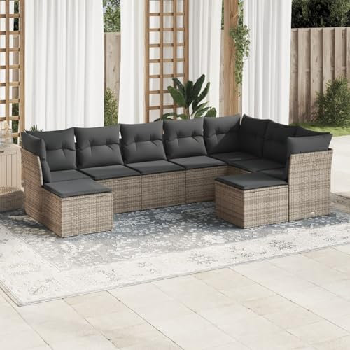 Brokky 9-TLG. Garten-Sofagarnitur mit Kissen LoungemöBel Balkon Patio Furniture Gartengarnitur Set Grau Poly Rattan / 3218570