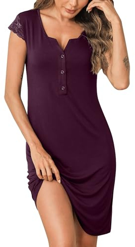 Jahetuul Nattlinne damer mjuk bomull nattskjortor för damer kortärmade nattskjortor sovskjorta nattkläder sommar negligé spets ärmar nattlinne, lila, 3XL