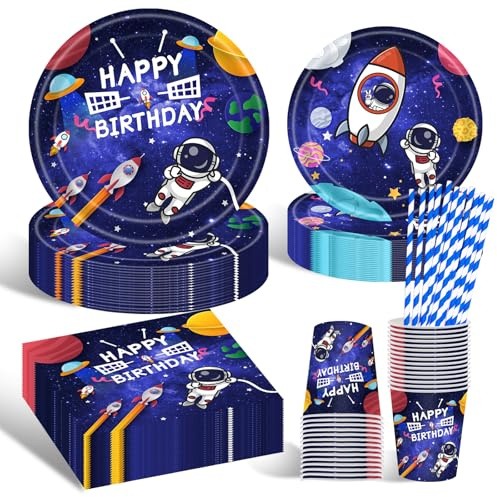 Weltraum Partygeschirr Set, 20 Gäste Astronaut Teller Set, Mit Pappteller Und Becher Servietten Deko Partyzubehör für Kindergeburtstag Deko Junge Mädchen Motto Party