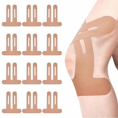SPOKKI 12 Stück Beige PreCut Kinesiotapes Knie Kinesiotapes Vorgeschnitten Hautfreundlich Kinesiologie Tape Wasserfestes & Elastisches Physio Tape für Knieschmerzen Erfektem Trage-Komfort (Hautfarbe)