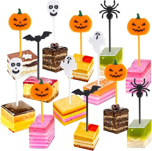 100 Stück Cupcake Topper Halloween Kuchendeko Fruit Picks Kuchen Dekoration Tortenstecker für Halloween Party Kuchen Essen Käseplatte Vorspeisen Deko (5 Motive)
