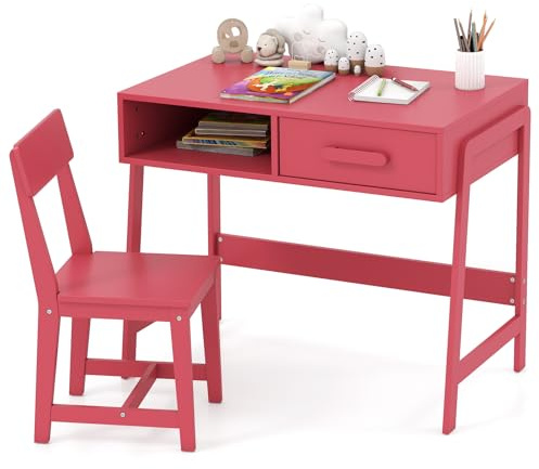 COSTWAY Set Tavolo e Sedia Bambini 3+ Anni, Scrivania e Sedia Legno Sicuro con Cassetto, Scrivania Ergonomica per Studio e Disegno (Rosa)