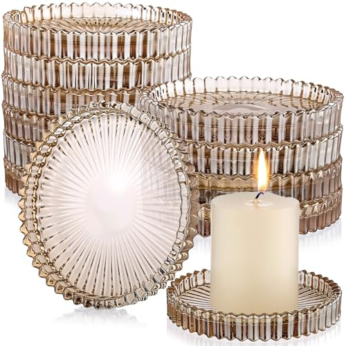 Honeydak Amber Glass Pillar Candle Holder Plates 4'' Round Glass Candle Tray Round Coasters for Table Centerpiece Wedding Party Home Bridal Shower Thanksgiving Christmas Decor(12 Pcs)
