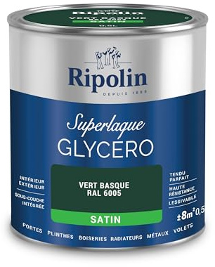 RIPOLIN - Peinture Laque Glycéro Intérieure/Extérieure - Boiseries et Structures Métalliques - Résistance Accrue - Durabilité Remarquable - Vert Basque Ral 6005 - Satin - 0,5L
