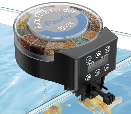 Pawfly Automatic Fish Feeder for Aquarium Auto Vacation Timer Feeder for Fish Tank 108 ml Adjustable Food Dispenser for Powder Pellets and Granules, Battery Operated (Not Included)