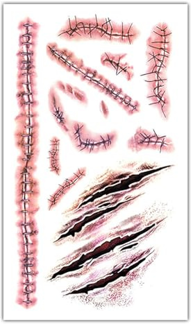 Peglinas de cicatrices de terror: tatuajes de heridas temporales, pegatina de Halloween de miedo | Maquillaje de cara de sangre falsa, calcomanías especiales de FX de zombie: calcomanías de cuerpo rea