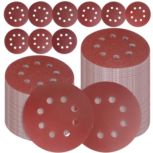 Tibaebe 155PCS 5 Inch 8 Hole Sanding Discs, Adhesive Hook and Loop Sandpaper for Random Orbital Sander, 40 60 80 120 150 240 320 400 600 Grit Sand Paper