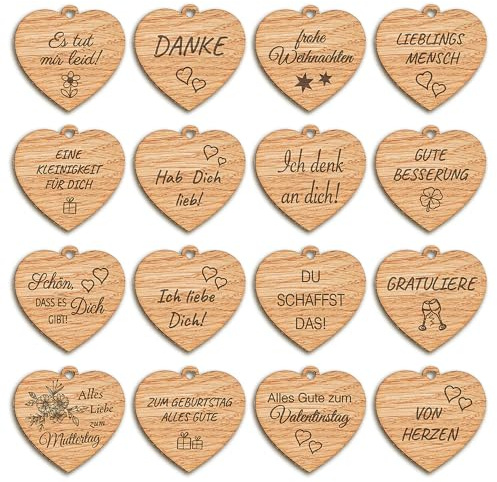 5 Stk Echtholz-Geschenkanhänger für Alltagsanlässe aus Holz mit Gravur - edle Tags aus Holz HERZFORM für Geschenke und jeden Anlass - Anhänger