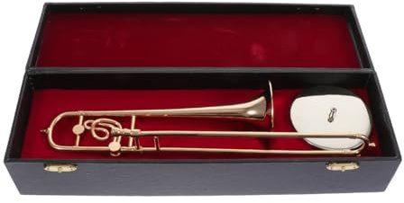 VANZACK Delikates Piccolo modello di trombone in rame dorato con supporto e scatola nera, decorazione realistica per ufficio, soggiorno, ornamento in metallo durevole