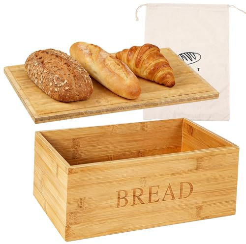 WIYETY Panera de madera con tabla de cortar: 33 x 19 x 13 cm, panera de gran capacidad con bolsa de pan, fiambrera de madera para almacenamiento de pan fresco para cocina y hogar, color madera