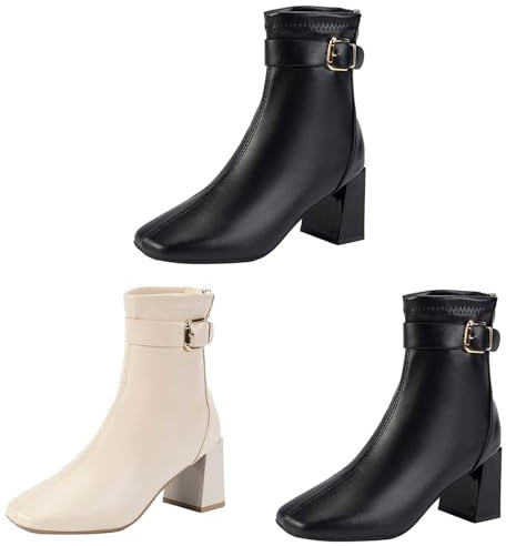 Generiska damer Chelsea stövlar med klack stövletter eleganta vinterstövlar med bältesspänne ankelstövlar fashionabla ankelstövlar blockklack damstövlar bekväma korta stövlar halkfria stövlar, svart