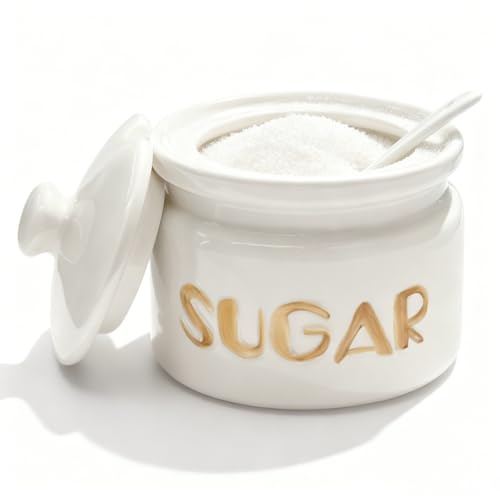 Obantrsz Sugar Bowl with Lid and Spoon, 10oz Ceramic Sugar Container Jar - Modern Farmhouse Style for Coffee Bar, Tea Station, Kitchen Countertop & Dining Table Decor, White