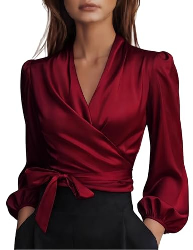 Camisas Mujer,Blusa Cruzada De Satén para Mujer con Lazo En La Cintura, Manga Larga Abullonada, Cuello En V, Elegante Blusa De Seda para Oficina, Negocios, Ropa De Trabajo Informal, Atuendos De Pri